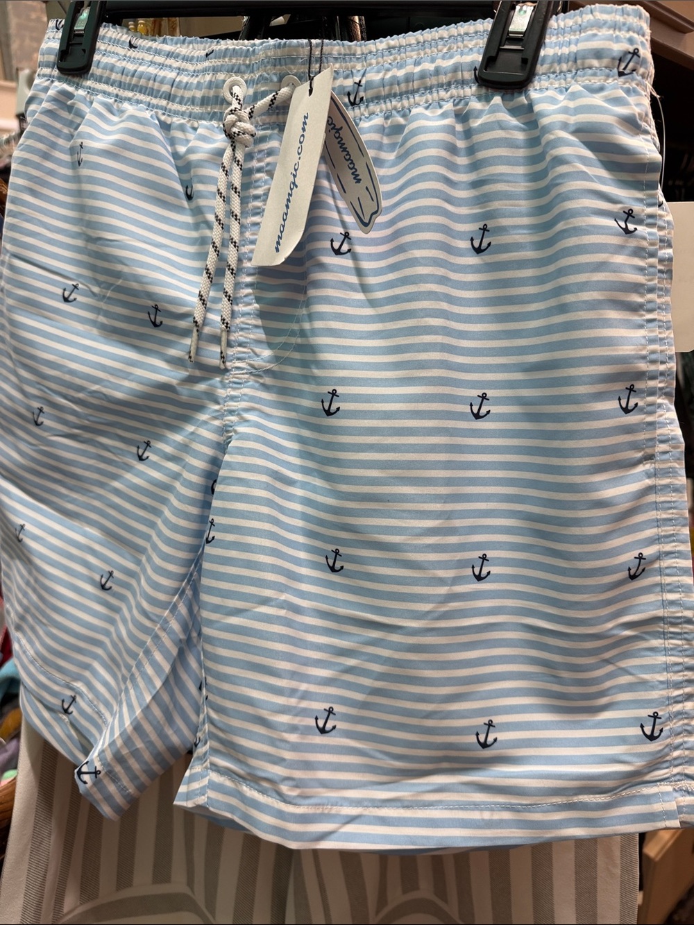 Nautical Stripe Light Blue & White Anchor Hybrid Swim Shorts